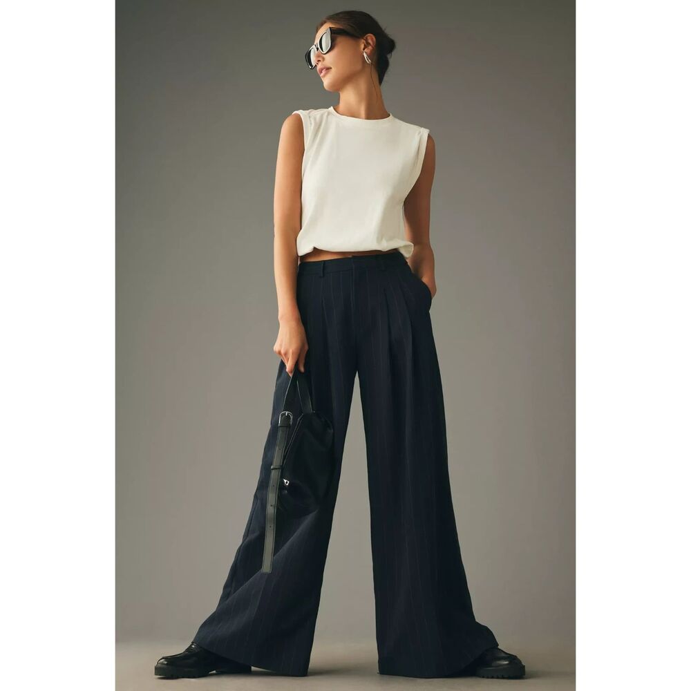 NWT Anthropologie Maeve Avery Navy Pinstripe Wide Leg Pleated Pants Size 8